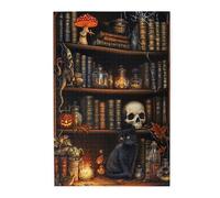 Gothic Bookshelf Black Cat Scene 1000 Piece Adults Wooden Jigsaw Puzzle,Yellow Eyes Skull & Vintage Books,Wonderful Imagination,Party Events to Bring People Closer Together
