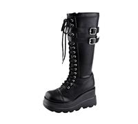 Gothic Boots for Women UK, Ladies Winter Black Gothic Punk Platform Boots Women's Goth Buckle Zipper Creeper Wedges Mid-Calf Booties Round Toe High Heel Y2K Shoes Trendy Riding Combat Streetwear