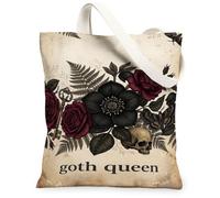 Gothic Botanical Skull Quote Canvas Tote Bag 13x15 Inch | Gothic Floral Motif, Vintage Botanical Aesthetic, Dark Romantic Theme, Skeleton Key Graphic, Moth Accents