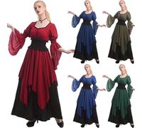 Gothic Bride Costume Women 2025 Elegant Medieval Witch Dress Halloween Cosplay Party Outfit with Maidens Gothic Wedding Gown (Red, M)