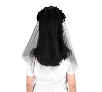 Gothic Bride Veil with Rose Flower Day Of The Dead Headpiece Hair Wreath Black Veils Wedding Party Headband Lace Veil Halloween Fancy Dress Costume Accessory for Women Ladies
