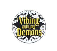 Gothic Brooch Pins - Black and White Round Lapel Pin Badge with Quote “Vibing with My Demons” and Bat Design, Alloy Blouse Pins for Jackets, Halloween, Punk Accessories for Men and Women