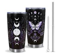 Gothic Butterfly Tumbler with Lid and Straw, Moon Phase Witch Cup Water Bottle Coffee Travel Mug Stainless Steel Vacuum Insulated 20 Oz Tumblers Black Purple, Goth Halloween Witchy Gifts for Women