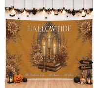 Gothic Candle and Floral Seasonal Quote Candles Backdrop Banner 71x43 Inch | Gothic Arched Window, Photo Backdrop, Vintage Book Stack, Autumnal Dahlia Flowers, Elegant Seasonal Decor