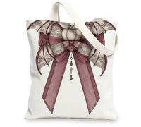 Gothic Canvas Tote Bags, Bat and Ribbon Pattern Reusable Grocery Bags, Vintage Lightweight Washable Shoulder Strap Bags for, White, 13x15 Inch