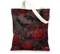 Gothic Canvas Tote Bags, Stylish Bat and Rose Pattern Reusable Grocery Bags, Dark Romantic Lightweight Washable Shoulder Strap Canvas Bags for Shopping Travel Outdoor 13x15 Inch