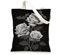 Gothic Canvas Tote Bags, Vintage Floral Bat Pattern Reusable Shopping Bags, Lightweight Washable Shoulder Strap Canvas Bags, Black, 13x15 Inch