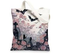 Gothic Canvas Tote Bags, Vintage Floral Bat Pattern Reusable Shopping Bags, Lightweight Washable Shoulder Strap Canvas Bags for Gym Outdoor Travel Halloween 13x15 Inch