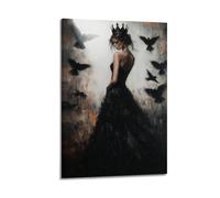 Gothic Canvas Wall Art Dark Wall Decor Black Crow with Girl Pictures Print Abstract Girl Painting Modern Library Bedroom Decor24x36inch(60x90cm)