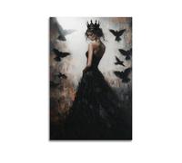 Gothic Canvas Wall Art Dark Wall Decor Black Crow with Girl Pictures Print Abstract Girl Painting Modern Library Bedroom Decor08x12inch(20x30cm)
