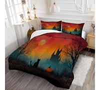 Gothic Castle Coverless Duvet Double - Halloween Oil Painting All Season Duvet Cosy & Lightweight Quilt Washable Comforter with 1 Pillowcases 200x200cm, Orange-Red