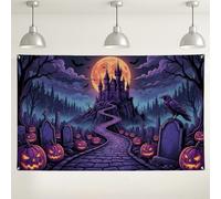 Gothic Castle Graveyard Scene Halloween Backdrop Banner 71x43 Inch | Gothic Castle Illustration, Photo Backdrop, Glowing Jack-o'-lanterns, Mysterious Graveyard Scenery, Spooky Bat Silhouettes