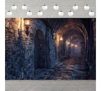 Gothic Castle Photography Backdrop Ancient Stone Wall Arches Iron Gates Torches Prison Corridor Halloween Night Background 440x300CM