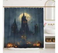 Gothic Castle Shower Curtain, Dark Blue Halloween Decor with Pumpkins and Bats, Spooky Autumn Bathroom Set, Waterproof Fabric Shower Curtain with Hooks 72x72 Inch