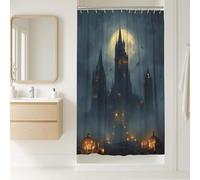 Gothic Castle Shower Curtain, Dark Blue Halloween Decor with Pumpkins and Bats, Spooky Autumn Bathroom Set, Waterproof Fabric Shower Curtain with Hooks 36x72 Inch