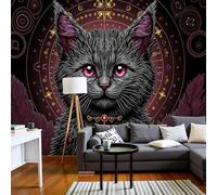 Gothic Cat Astrological Chart Wallpaper, Mysterious Creature Mural Wallpaper For Living Room, Retro Bedroom Wall Paper, Not Self Adhesive Burgundy Red 3D Large Wall Mural Home Decor Poster, 450X315Cm