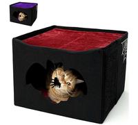 Gothic Cat Bed for Indoor Pets, Foldable Halloween House, 17x17x12.8, Bat Entry, Spider Toy, Scratch Pad, Soft Cushion, Gothic Style, Black & Red