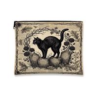 Gothic Cat Memento Mori Makeup Bag 7x9 Inch | Gothic Illustration, Makeup Zipper Pouch, Vintage Newspaper Background, Dark Roses, Thorn Vines, Memento Mori Theme