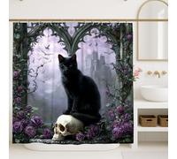 Gothic Cat Shower Curtain, Black Violet Rose Bathroom Decor, Halloween Spooky Vintage Style Fabric Shower Curtain with Hooks 72x84 Inch