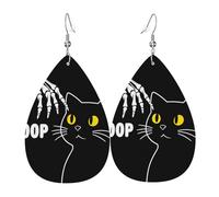 Gothic Cat & Skeleton Hand Whimsical Macabre Design Leather Earring Printed Leather Earrings Lightweight Hanging For Beach Party
