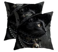 Gothic Cat Throw Pillow Covers Set of 2, Black Vintage Style Decorative Cushion Cases, Halloween Farmhouse Decor for Home Sofa Bed Couch 22x22 Inch