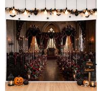 Gothic Cathedral Moody Floral Halloween Backdrop Banner 83x59 Inch | Gothic Architecture, Photography Backdrop, Deep Red Roses, Candelabra Decor, Moody Cathedral Interior