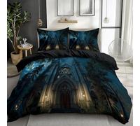 Gothic Cathedral Starry Sky Forest 3D Printed Duvet Cover Set Emperor Reversible Bedding Set Soft Microfiber Quilt Cover with Zipper Closure and Corner Ties 3 Piece, Blue Gray