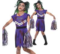 Gothic Cheerleader Girls Halloween Fancy Dress Costume Zombie Kids + Pom Poms