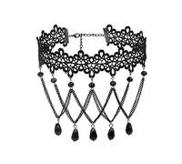 Gothic Chokers Black Beaded Flowers Sexy Lace Neck Choker Necklace Vintage Tassel Chain Women Steampunk Halloween Jewelry-K34