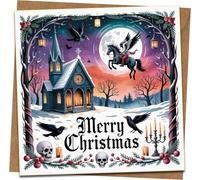 Gothic Christmas Card, 145mm x 145mm Square - Dark Winter Church, Ravens & Skulls “Merry Christmas” Art - Premium Greeting Card with Kraft Envelope
