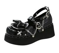 Gothic Chunky Platform Mary Janes Woman Bowtie Heart Buckle Lolita Cool Shoes Women Ankle Strap High Heels Pumps Y2K Shoes, black, 7 UK