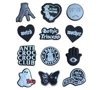 Gothic clog Charms Black White Charm Shoe Accessories Goth Pin Badge Mother Weird Heart Evil Eye Bat Skull Ying Yang Ghost (12 Pack)
