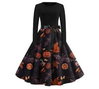 Gothic Clothing Women's Vintage 1950s Party Dress Long Sleeve Rockabilly Dress Halloween Costume Elegant Medieval Dress High Waist A-line Evening Dress Novelty Print Cocktail Dress Knee-Length, Yellow