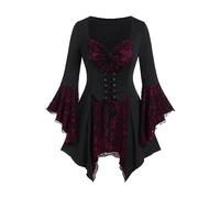 Gothic Corset Tops Women Halloween Tees 3/4 Bell Sleeve V-neck Lace Patchwork Blouses Vintage Medieval Renaissance Tank Tops Witch T-Shirts Party Elegant Dressy