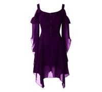 Gothic Costume Women Women's Chiffon Patchwork Dress Retro Style Solid Color Trumpet Sleeve Long Cosplay Floor Length Medieval Nail Dryer Fan Clothes