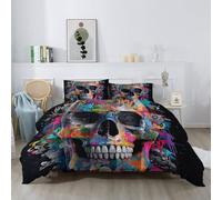 Gothic Coverless Duvet Single, Ink Splashed Skull Reversible Machine Washable Coverless Duvet Set with 2 Pillowcases, 7.5 Tog Colorful Soft Lightweight Comforter Bedding for All Seasons 135 x 200 cm
