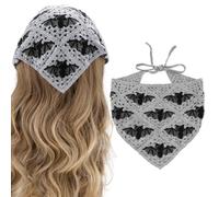 Gothic Crochet Headbands Bat Pattern Bandana for Women, Cotton Knit Triangle Headband Greyscale Halloween Style Head Scarf Christmas Vintage Crochet Hair Styling Decor
