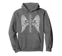 Gothic Cross and Angle Wings Graphic Punk Style Mens Womens Pullover Hoodie, Adult Unisex, Asphalt Grey, Large