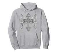Gothic Cross and Angle Wings Graphic Punk Style Mens Womens Pullover Hoodie, Adult Unisex, Heather Grey, XX-Large