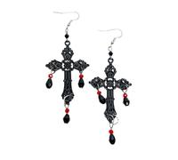Gothic Cross Dangle Piercing Earrings for Women Unisex Hypoallergenic Vintage Punk Black Engraved Criss Cross Fish Hook Studs Earring Luxury Glass Beaded Tassel Drop Lightweight Statement Jewelry