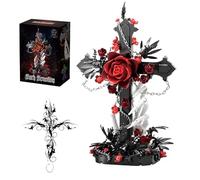 Gothic Cross Red Rose Building Set, 720PCS Skeleton Hand Collectible Flower Brick Model, Dark Botanical Collection Gothic Decor, Gifts for Halloween Religion Adults Collectors Display Anniversary