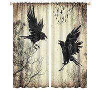 Gothic Crow Forest Curtains, Halloween Flying Spooky Black Raven Crow Black Dark Wings Thriller Rod Pocket Window Treatments Drapes for Bedroom Living Room 42x45in