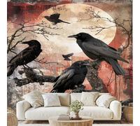 Gothic Crow Nature Dead Tree Wall Mural Spooky Raven Full Moon Peel and Stick Photo Wallpaper 150x100 cm Vintage Crow Bird Non-Woven Wall Stickers for Bedroom Living Room Poster Decoration Wf49g