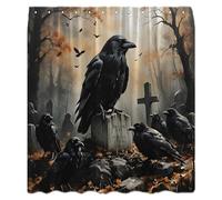 Gothic Crow Shower Curtain Halloween Raven Scary Crow Horror Skull Full Moon Night Starry Sky Graveyard Spooky Misty Forest Skeleton All Saints Day of Death Fabric Bathroom Curtain with Hook