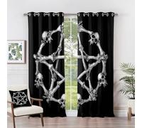 Gothic Curtains Black - Pentagram Curtains - Skull Witchcraft Pentacle Blackout Curtains 46 x 54 Inch (Width x Drop) 2 Panels, Goth Skeleton Eyelet Curtains & Drapes
