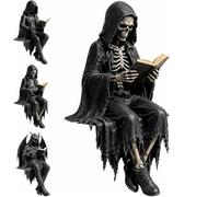 Gothic Dark Fantasy Figure, 4.7" Hooded Shadow Reader Statue, Mystery Reading Figurines Sitting Sculpture, Resin Dark Fantasy Reading Skeleton Figures for Fantasy Readers, Gothic Home Decor (#1)