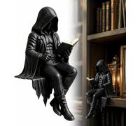 Gothic Dark Fantasy Figure, Gothic Home Decor, Gothic Horror Figures, Resin Seated Grim Reaper Reading Book Sculpture for Christmas Haunted House Cosplay Halloween Shelf Tabletop Theater Decor (A)