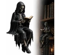 Gothic Dark Fantasy Figure, Gothic Home Decor, Gothic Horror Figures, Resin Seated Grim Reaper Reading Book Sculpture for Christmas Haunted House Cosplay Halloween Shelf Tabletop Theater Decor (B)
