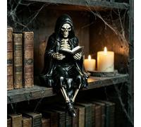 Gothic Dark Fantasy Figure,Hooded Shadow Reader Statue,Skeleton Demon Hooded Figurine,Halloween Resin Reading Book Sitting Sculpture for Book Lovers Gothic Art Collectors Home Party Decor (16cm)