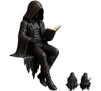 Gothic Dark Fantasy Figure,Reading Death Gothic Skeleton Demon Hooded Figurine Set,Hooded Skeleton Demon Figure,Resin Sitting Reaper Reading Book Sculpture, for PC Tower,Desk,Home Decor (A)